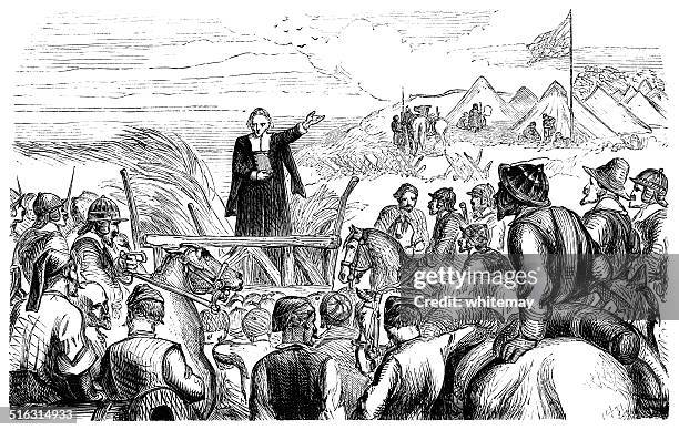 preacher in a 17th century military encampment - anglican stock illustrations