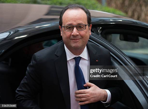 France's president Francois Hollande arrives at the Council of the European Union on the second day of an EU summit, on March 18, 2016 in Brussels,...