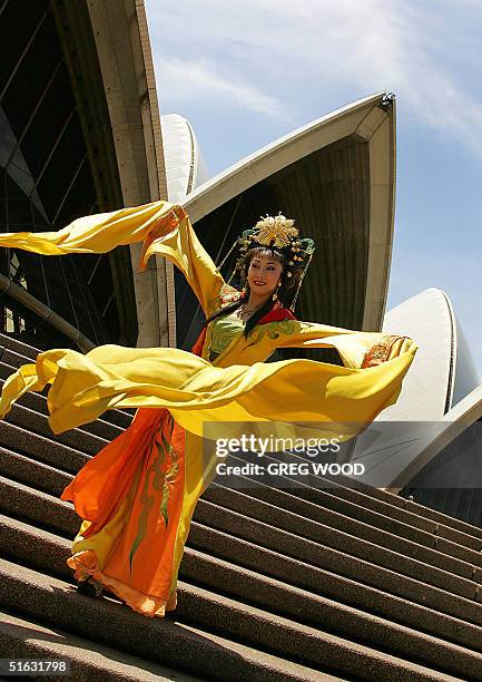 Lead actress Ms. Liu Ping, who plays Turandot from the Sichuan opera musical "China's Princess Turandot", poses on the steps of the Sydney Opera...