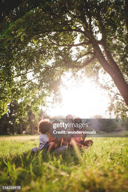 familia afroamericana sentada en el hermoso parque soplando de pensamiento - de descendencia mixta fotografías e imágenes de stock