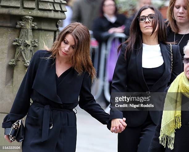 Coronation Street actors Kym Marsh and Alison King arrive for the funeral of Coronation Street scriptwriter Tony Warren at Manchester Cathedral on...