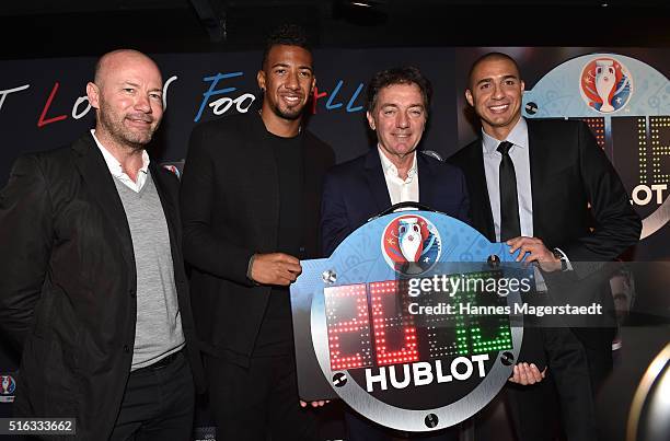 Alan Shearer, Jerome Boateng, Michel Pont and David Trezeguet during Hublot press conference 'Hublot loves football' at the Baselworld on March 18,...