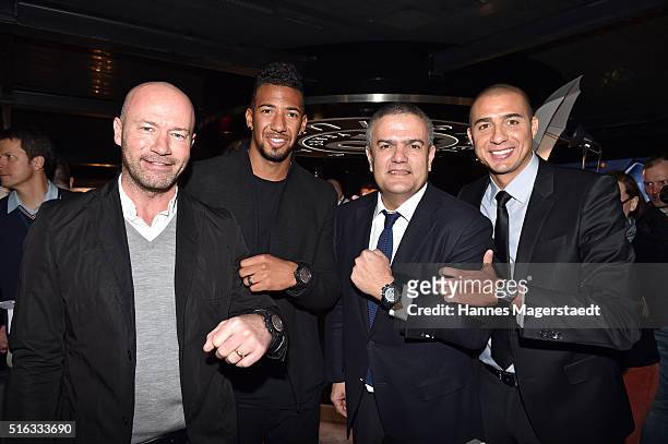 Alan Shearer, Jerome Boateng, Ricardo Guadalupe and David Trezeguet during Hublot press conference 'Hublot loves football' at the Baselworld on March...