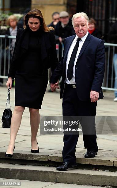 Coronation Street actor Les Dennis and his wife Claire Nicholson arrive for the funeral of Coronation Street scriptwriter Tony Warren at Manchester...