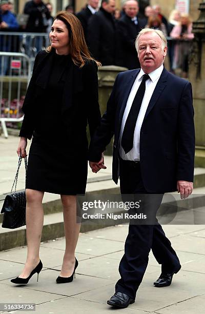 Coronation Street actor Les Dennis and his wife Claire Nicholson arrive for the funeral of Coronation Street scriptwriter Tony Warren at Manchester...