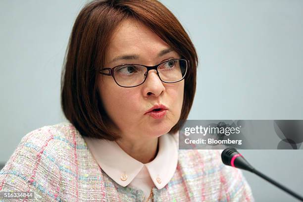 Elvira Nabiullina, governor of Russia's central bank, speaks during a news conference to announce the interest rate decision in Moscow, Russia, on...