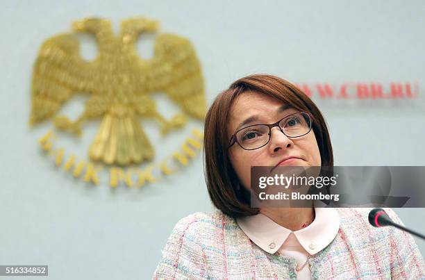 Elvira Nabiullina, governor of Russia's central bank, pauses during a news conference to announce the interest rate decision in Moscow, Russia, on...