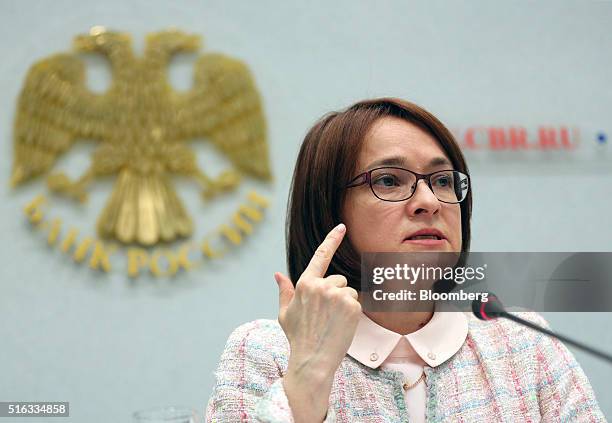 Elvira Nabiullina, governor of Russia's central bank, gestures whilst speaking during a news conference to announce the interest rate decision in...