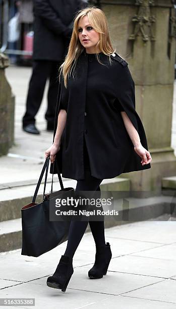 Coronation Street actor Tina O'Brian arrives for the funeral of Coronation Street scriptwriter Tony Warren at Manchester Cathedral on March 18, 2016...