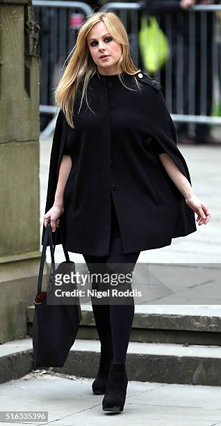 Coronation Street actor Tina O'Brian arrives for the funeral of Coronation Street scriptwriter Tony Warren at Manchester Cathedral on March 18, 2016...