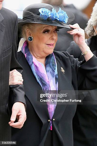 Actress Julie Goodyear arrives for the funeral of Coronation Street scriptwriter Tony Warren at Manchester Cathedral on March 18, 2016 in Manchester,...