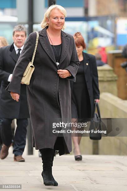 Actress Sue Cleaver arrives for the funeral the funeral of Coronation Street scriptwriter Tony Warren at Manchester Cathedral on March 18, 2016 in...