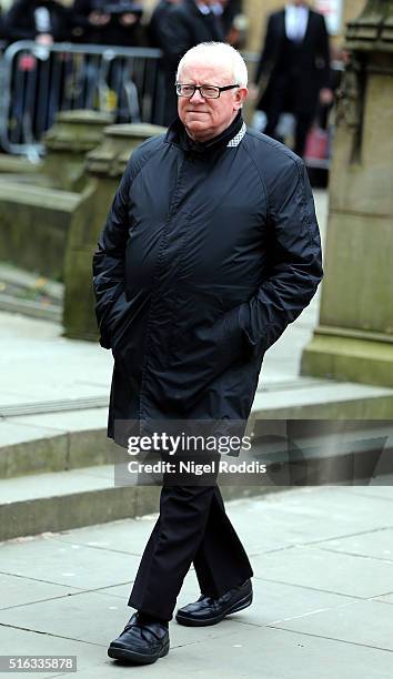 Coronation Street actor Ken Morley arrives for the funeral of Coronation Street scriptwriter Tony Warren at Manchester Cathedral on March 18, 2016 in...