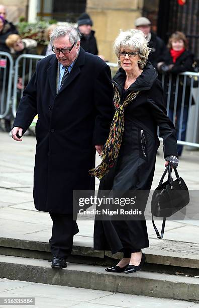 Coronation Street actor Sue Nicholls arrives for the funeral of Coronation Street scriptwriter Tony Warren at Manchester Cathedral on March 18, 2016...