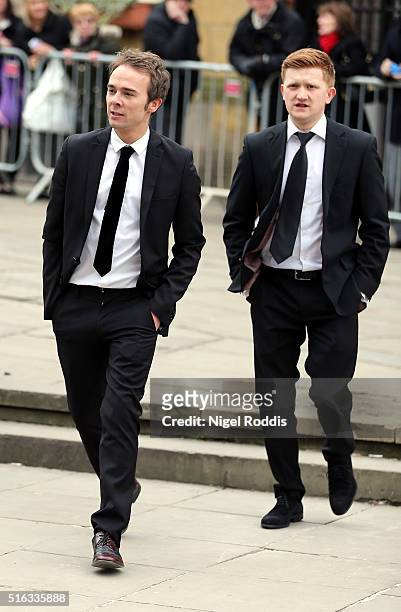 Coronation Street actors Jack Shephard and Sam Aston arrives for the funeral of Coronation Street scriptwriter Tony Warren at Manchester Cathedral on...