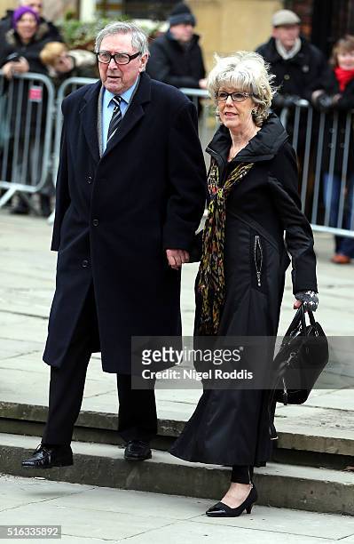 Coronation Street actor Sue Nicholls arrives for the funeral of Coronation Street scriptwriter Tony Warren at Manchester Cathedral on March 18, 2016...