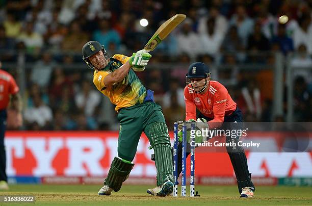 De Villiers of South Africa hits out for six runs during the ICC World Twenty20 India 2016 Super 10s Group 1 match between South Africa and England...