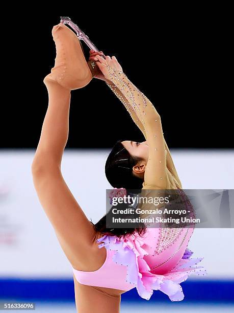 Marin Honda from Japan skates during the Ladie's short program of the ISU World Junior Figure Skating Championships 2016 at The Fonix Arenaon March...