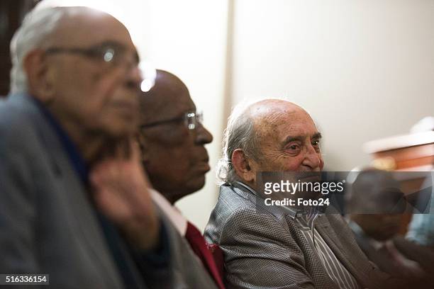 Three defendants from South Africas Rivonia Trial, Ahmed Kathrada, Andrew Mlangeni and Denis Goldberg during the handing over of the digital audio...