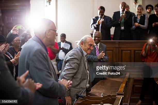 Three defendants from the Rivonia Trial, Ahmed Kathrada, Andrew Mlangeni and Denis Goldberg during the handing over of the digital audio recordings...