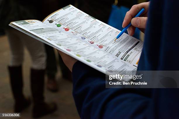 Racegoer looks through the race card during Gold Cup day at the Cheltenham Festival at Cheltenham Racecourse on March 18, 2016 in Cheltenham,...