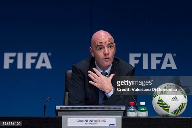 President Gianni Infantino speaks during a press conference after the FIFA executive committee meeting at the FIFA headquarters on March 18, 2016 in...
