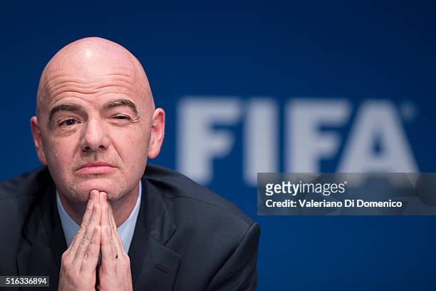 President Gianni Infantino speaks during a press conference after the FIFA executive committee meeting at the FIFA headquarters on March 18, 2016 in...