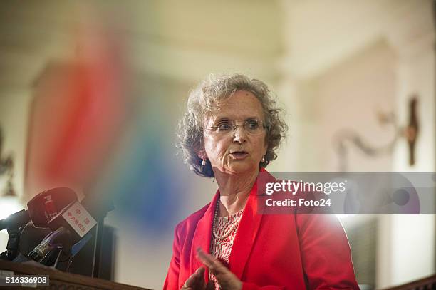 French Ambassador, Elisabeth Barbier on the podium during the handing over of the digital audio recordings from the Rivonia Trial on March 17, 2016...