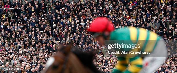 The sell out crowd watches the racing during the Gold Cup Day of Cheltenham Festival at Cheltenham racecourse on March 18, 2016 in Cheltenham,...