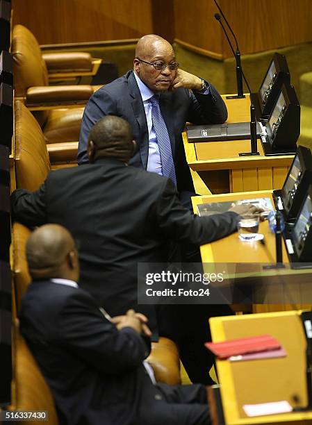 President Jacob Zuma looks tired after responding to questions during the question and answer session over his relationship with the Guptas in the...