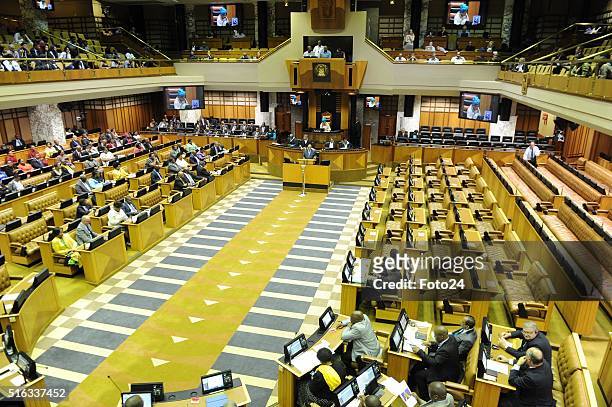 President Jacob Zuma responds to questions over his relationship with the Guptas in the National Assembly during a question and answer session on...