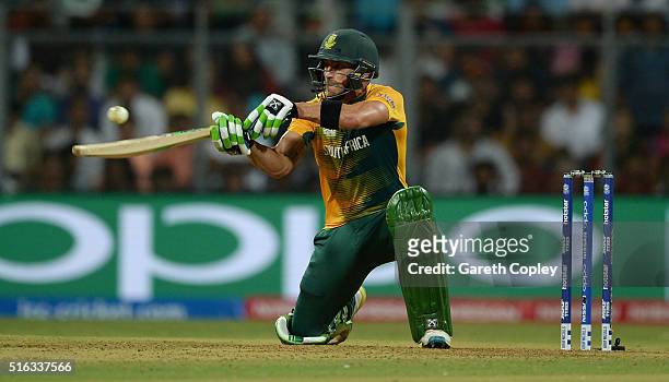 South Africa captain Faf du Plessis plays a ramp shot during the ICC World Twenty20 India 2016 Super 10s Group 1 match between South Africa and...
