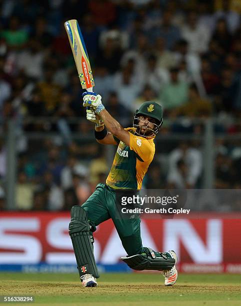 Duminy of South Africa hits out for six runs during the ICC World Twenty20 India 2016 Super 10s Group 1 match between South Africa and England at...
