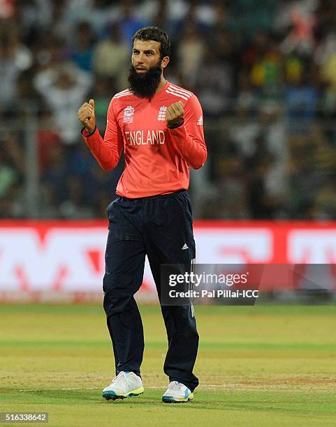 Mumbai, INDIA Moeen Ali of England celebrates the wicket of Quinton de Kock of South Africa during the ICC World Twenty20 India 2016 match between...