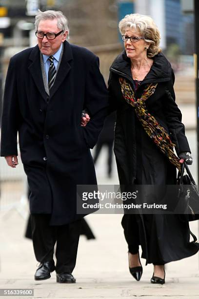 Mark Eden and Sue Nicholls arrive for the funeral of Coronation Street scriptwriter Tony Warren at Manchester Cathedral on March 18, 2016 in...