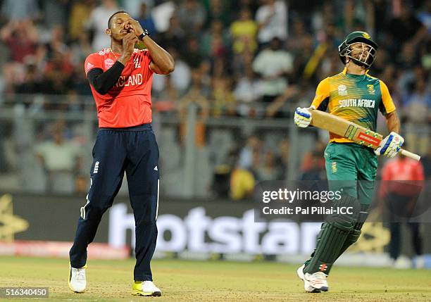 Mumbai, INDIA Chris Jordan of England reacts during the ICC World Twenty20 India 2016 match between South Africa and England at the Wankhede stadium...