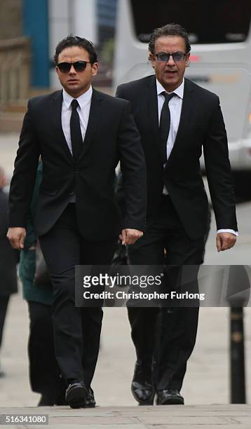 Actors Ryan Thomas and Jimmi Harkishan arrive for the funeral of Coronation Street scriptwriter Tony Warren at Manchester Cathedral on March 18, 2016...