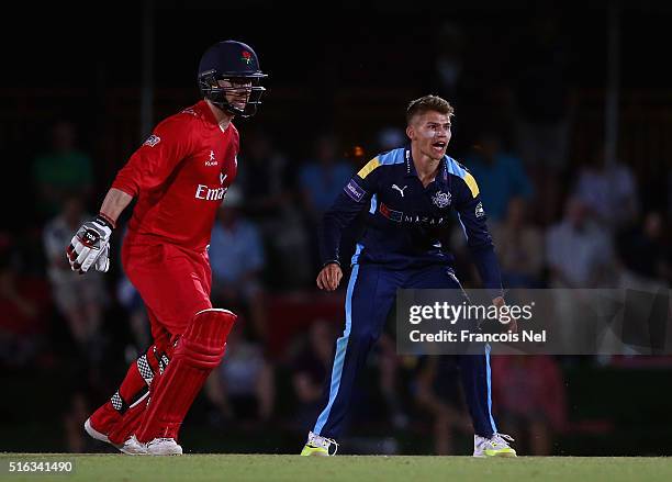 Karl Carver of Yorkshire Vikings reacts during the Emirates Airline T20 Cup Final match between Lancashire Lightning and Yorkshire Vikings at the...