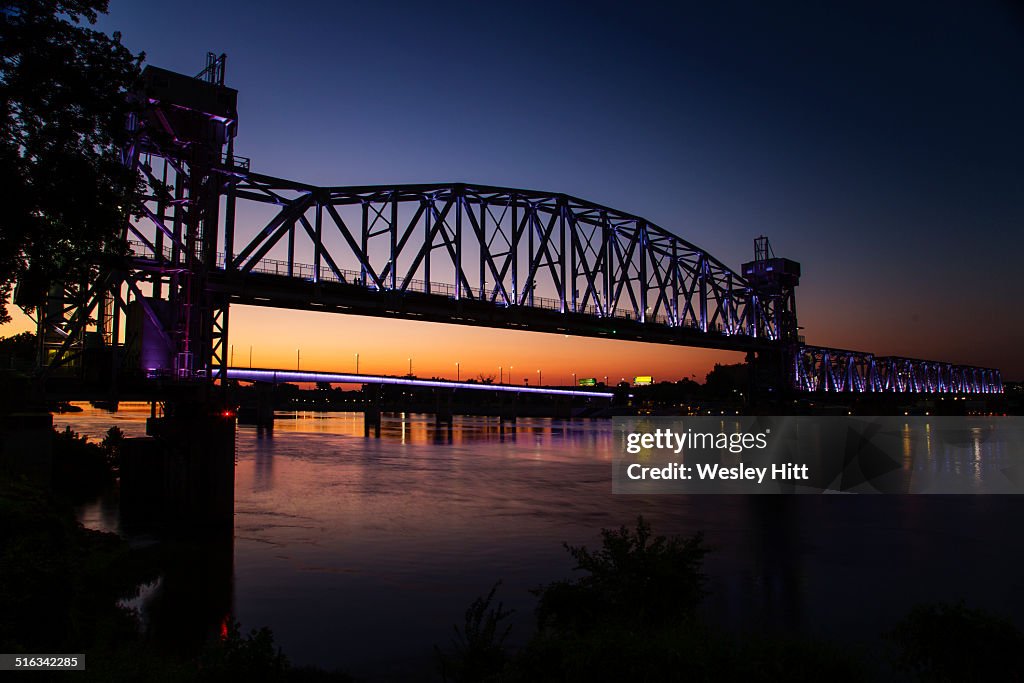 Railroad walking bridge at night in Little Rock