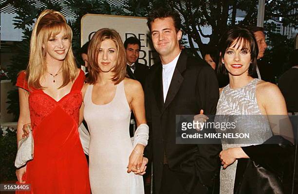 The cast of the hit US TV show "Friends" from L to R: Lisa Kudrow, Jennifer Aniston, Matthew Perry and Courteney Cox pose for photographers as they...