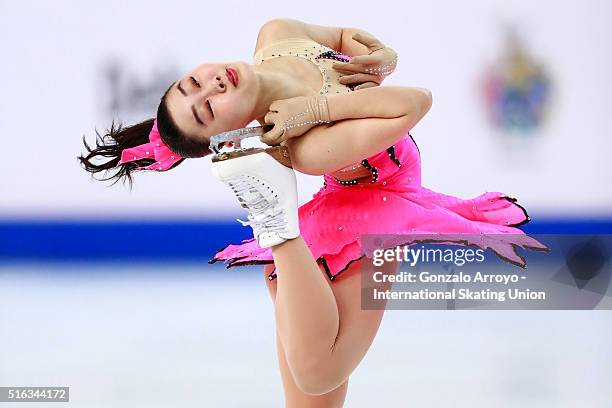 Wakaba Higuchi from Japan skates during the Ladie's short program of the ISU World Junior Figure Skating Championships 2016 at The Fonix Arenaon...