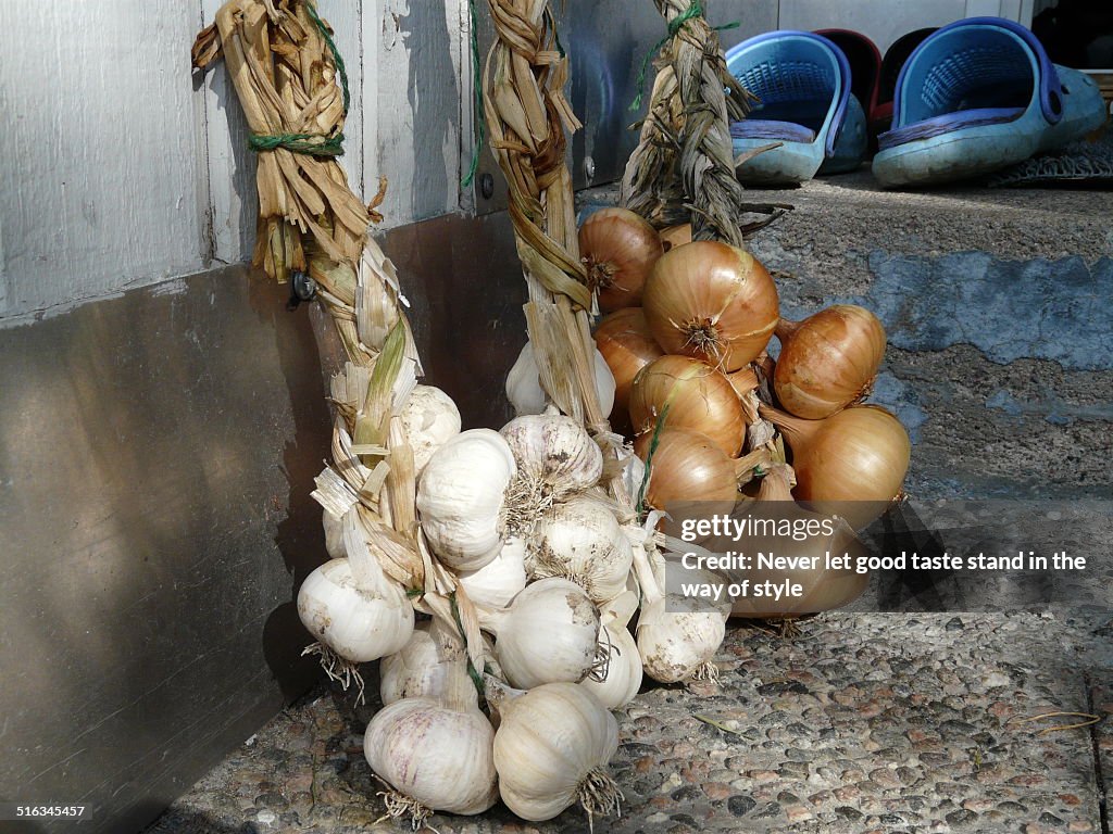 Braided garlic and onions