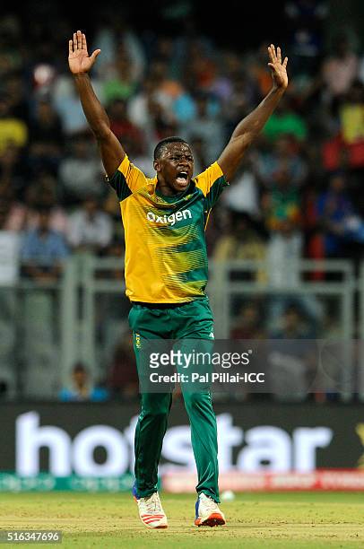 Kagiso Rabada of South Africa appeals unsuccessfully for the wicket of Ben Stokes of England during the ICC World Twenty20 India 2016 match between...