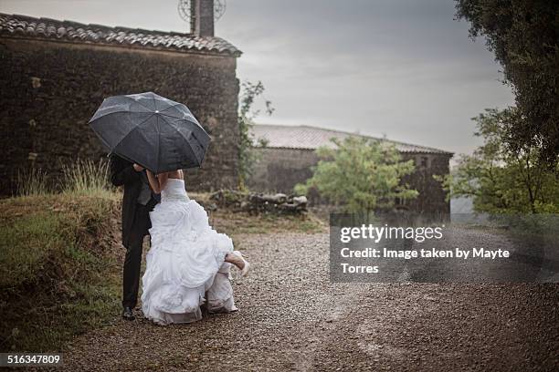 bride and groom under the rain - rain kiss stockfoto's en -beelden