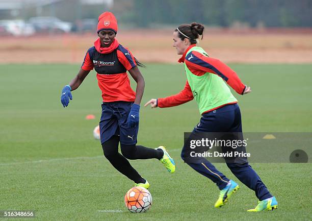Asisat Oshoala and Natalia Pablos Sanchon of Arsenal Ladies during the Arsenal Ladies Training Session at London Colney on March 10, 2016 in St...