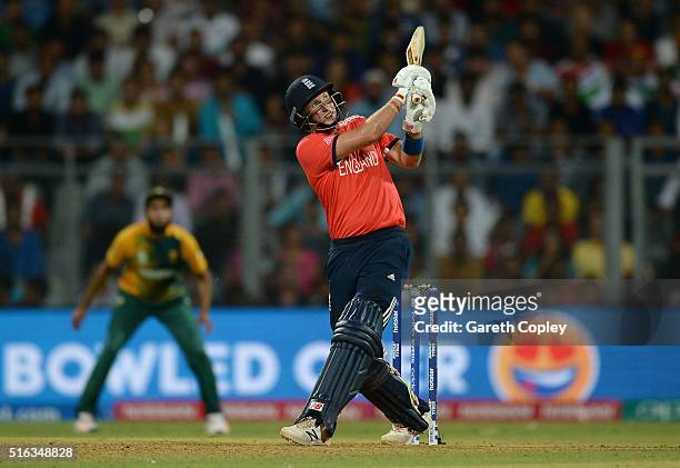 Joe Root of England hits out for six runs during the ICC World Twenty20 India 2016 Super 10s Group 1 match between South Africa and England at...