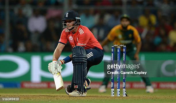 Joe Root of England bats during the ICC World Twenty20 India 2016 Super 10s Group 1 match between South Africa and England at Wankhede Stadium on...