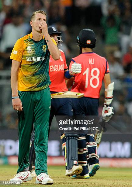Mumbai, INDIA Chris Morris of South Africa reacts after being hit for a six by Joe Root of England during the ICC World Twenty20 India 2016 match...
