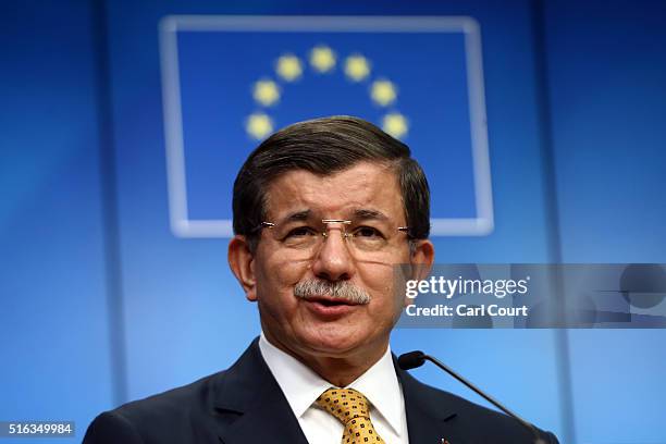 Turkey's Prime Minister, Ahmet Davutoglu, speaks during a press conference to discuss the migrant deal reached between Turkey and EU states, during a...