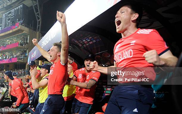 Mumbai, INDIA Team England celebrates after winning the ICC World Twenty20 India 2016 match between South Africa and England at the Wankhede stadium...